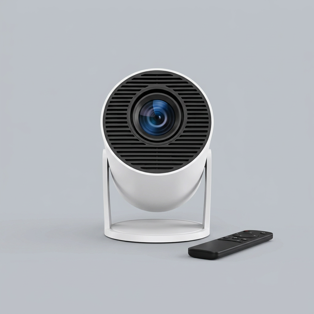NEXORA HY300 Mini Projector front view with remote control