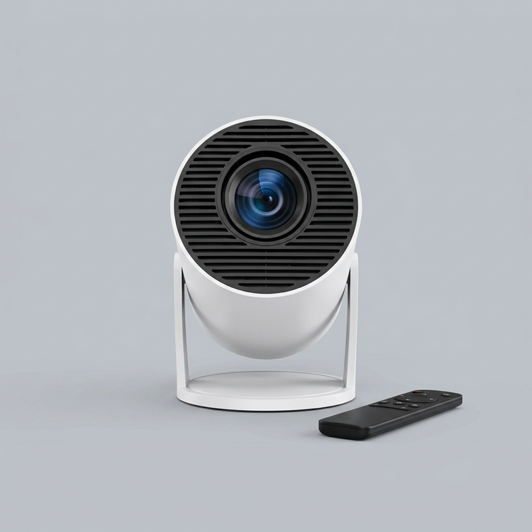 NEXORA HY300 Mini Projector front view with remote control